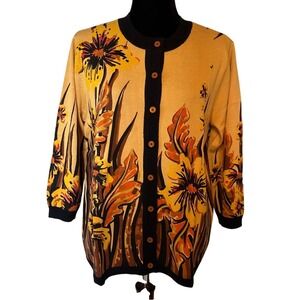 NWT Bob Mackie Vivid Gold and Black Florals Printed Cardigan Sweater Size Medium